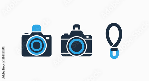 Camera and strap icons: front view of two digital cameras and a camera strap for photography equipment collection