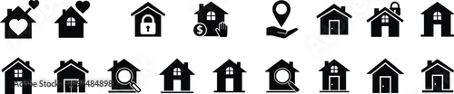Real estate house icons set with home, property search, security and location symbols, residential realty silhouettes collection isolated on white background