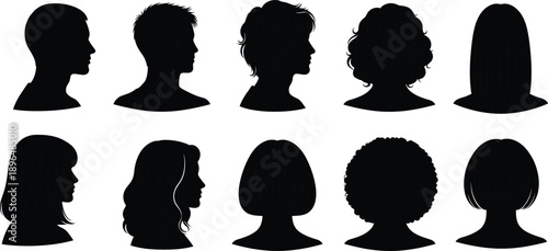 Diverse black silhouette profiles of men and women hairstyles head
