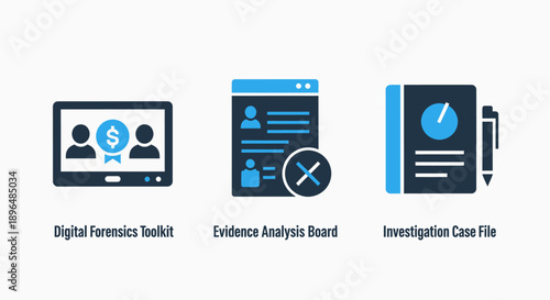 Icons for law enforcement and investigation: digital toolkit, evidence board, case file
