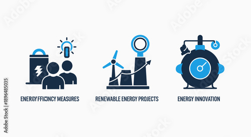 Icons for energy sector: efficiency, renewable projects, innovation and time management