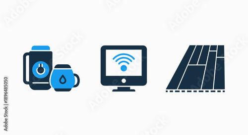 Icons for temperature and connectivity: thermostat mugs, computer with wifi, flooring tiles
