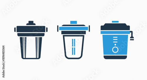 Icons representing water filtration devices and a purifier or dispenser