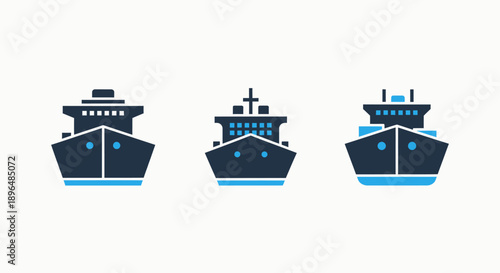 Set of cargo ship icons in front view, representing different types of vessels