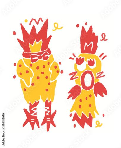 Funny hand-drawn colorful chicken characters with yellow and red textures in a quirky expressive doodle style