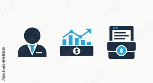 Finance and business icons: a professional, a financial growth chart, and a document with dollar sign, representing investment and business analytics in blue and navy.