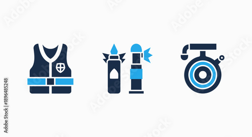 Set of icons representing security, safety, and public order: vest, pepper spray, and siren.