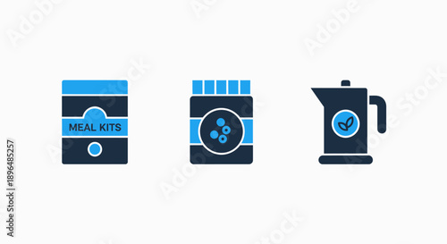 Convenient meal kit and kitchen appliance icons: meal package, jar with berries, and electric kettle.
