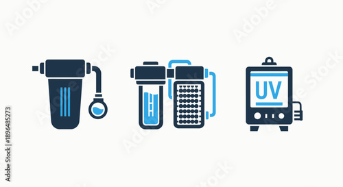 Water purification system icons: filter cartridge, multi-stage filter, and UV sterilizer for clean water.