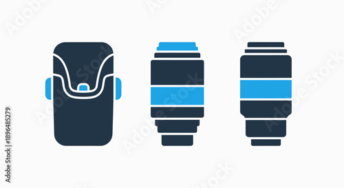 Photography equipment icons: backpack, zoom lens, and camera lens, suggesting travel and gear.