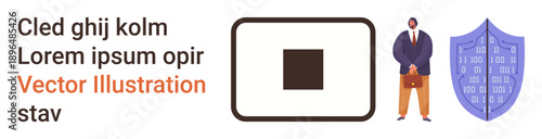 Data protection, cybersecurity, business strategy, coding, secure transactions, identity verification. Businessman with a briefcase and a shield symbol with binary codes. Data protection