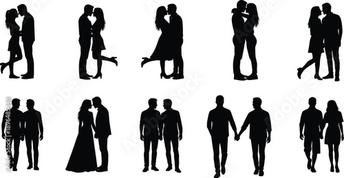 Set of romantic couple silhouettes showing lovers kissing hugging holding hands and walking together vector illustration on white.