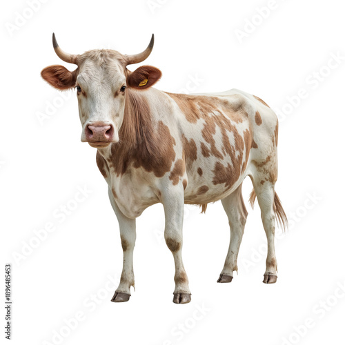 Cow Stands on a White Background Showcasing Markings While Looking Directly a...