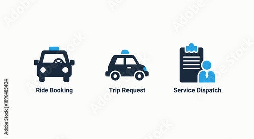 Transportation icons: Cars for ride booking, trip requests, and service dispatch, representing mobility and logistics services