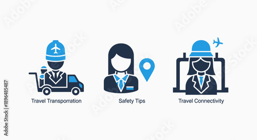 Travel and safety icons: Airplane train, suitcase, map pin, and safety helmet, illustrating transportation, planning, and security