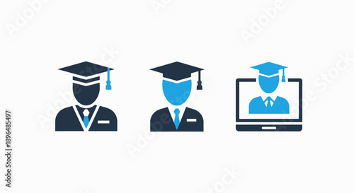 Online education icons: Graduation cap figures and laptop screen with student, signifying distance learning, e-learning, and remote study