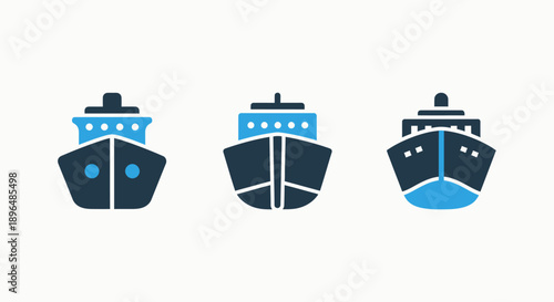 Ship icons: Front view of cargo ships and tankers in navy blue and cyan, representing maritime, shipping, and logistics