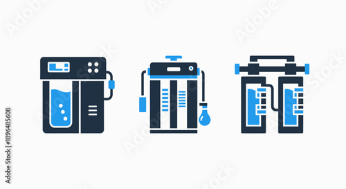 Icons representing water filtration systems: water purifier machine, filter cartridges, and a multi-stage filter setup, symbolizing clean water technology.