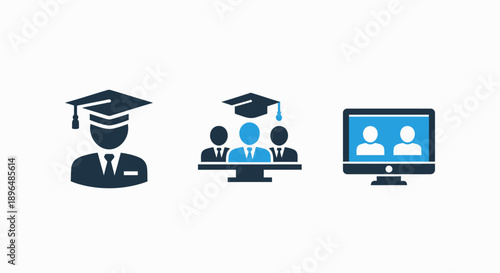 Education and online learning icons: student with graduation cap, group of students on monitor, and computer screen with people, symbolizing remote education and e-learning.