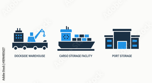 Maritime logistics icons: dockside warehouse, cargo ship, and port storage building, representing international trade and shipping infrastructure.