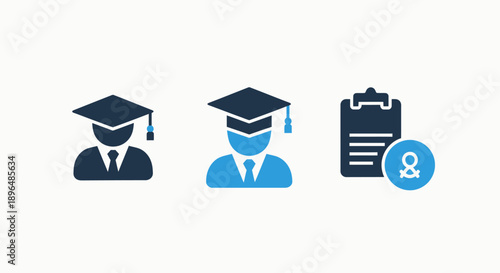Education icons set: graduate student, mentor figure, and resume on clipboard, symbolizing academic achievement, guidance, and career preparation.
