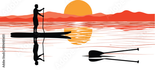 Vector illustration of a man standing on a paddleboard enjoying a peaceful sunset over the water with mountain landscape background.