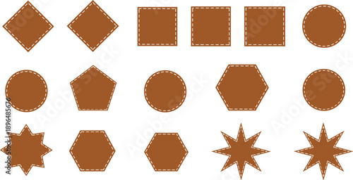 Stitched leather style geometric shapes set including circles, squares, hexagons and stars, brown patch icons collection isolated on white background