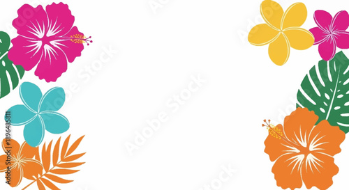 Vibrant Tropical Hibiscus Flowers and Leaves Border Design.