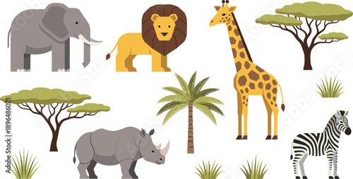 African savannah wildlife set with elephant lion giraffe rhino and zebra with safari trees for nature and travel design vector.