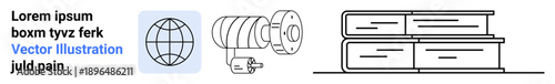 Education, learning, security, surveillance, global communication, technology. Globe icon, security camera schematic and stacked books in a linear style. Education and security concept