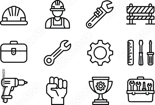Construction and Maintenance Line Icons Set Featuring Tools, Worker, Safety Helmet, Equipment, Repair Symbols and Industrial Service Concepts