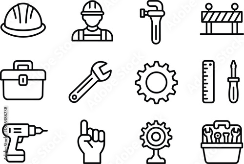 Construction and Repair Line Icons Set with Tools, Worker, Safety Helmet, Equipment and Maintenance Symbols for Industrial and Engineering Use