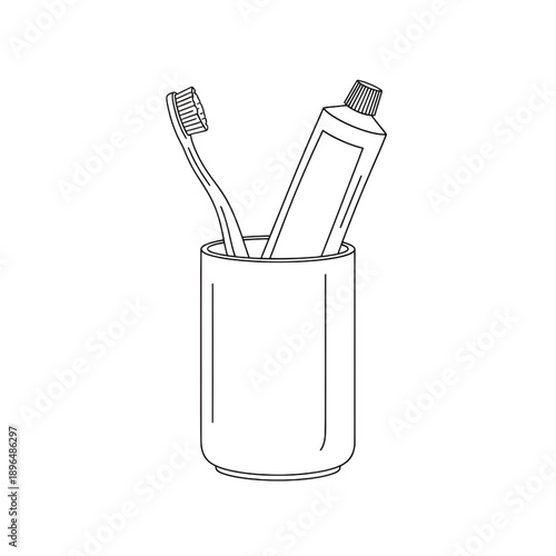 toothbrush and toothpaste in cup dental hygiene and oral care line art vector illustration