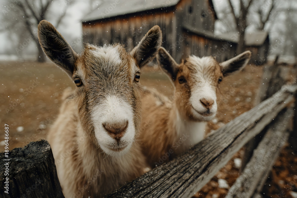 Fototapeta premium Two goats stand near a wooden fence on a farm during a light snowfall in winter