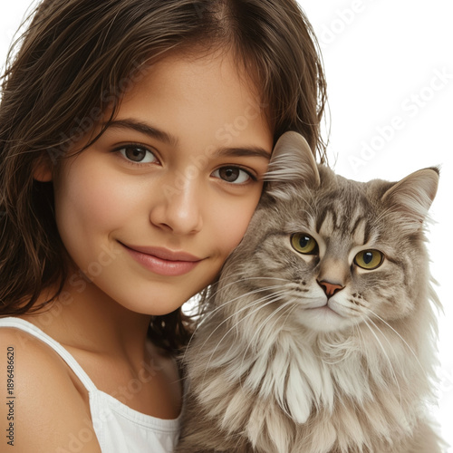 Young Girl and Cat Sitting Together in a Simple Room, Looking at the Viewer D...