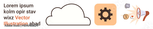 Technology, cloud computing, communication, digital services, data management, and online tools. A cloud outline, gear icon and communication symbols. Technology and cloud computing concepts