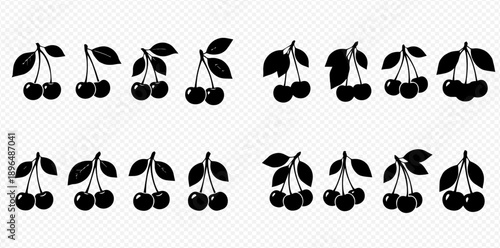 Set of black cherry silhouettes with leaves, isolated on a transparent background, depicting various clusters of ripe fruit.