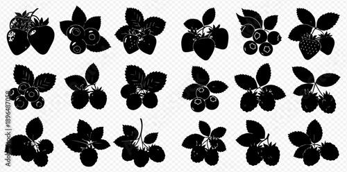 Collection of black silhouettes of berries including strawberries, blueberries, and raspberries with leaves, isolated on a white background.