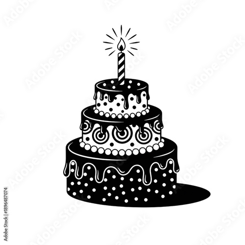 three tier birthday cake with lit candle and dripping chocolate icing silhouette vector illustration