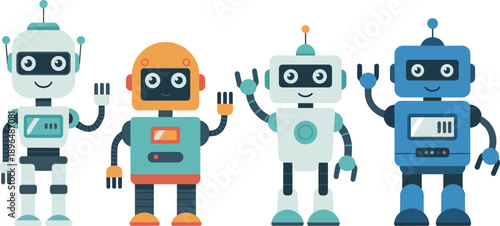 Cute Friendly Robot Characters Illustration Set Featuring Colorful AI Robots Waving Hands in Flat Cartoon Style for Technology, Education and App Design