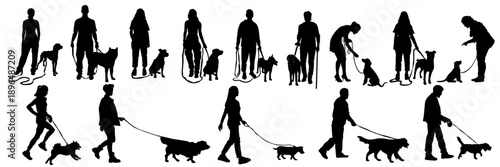 Set of black silhouettes of people walking dogs on leash in different poses. Men and women with pets isolated on white background. Concept of dog walking, pet care, daily routine, animal ownership
