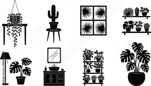 Set of black silhouette indoor plant icons for interior design including hanging plants on tables, shelves, and bathroom vanity units,