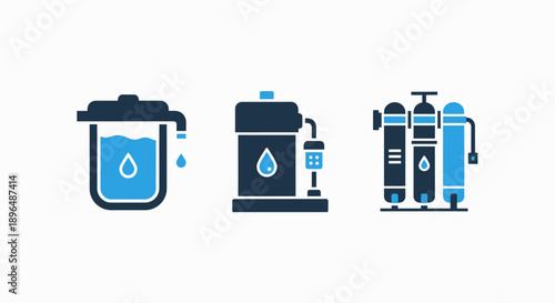 Water Filtration and Purification System Icons: Filter, Purifier, and RO