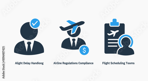 Airline Operations Icons: Passenger Check-in, Flight Scheduling, and Baggage