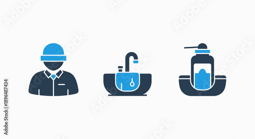 Hygiene and Sanitation Icons: Person, Sink, and Soap Dispenser