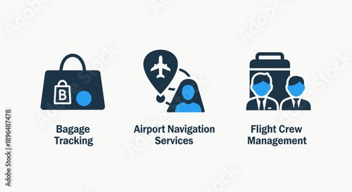 Airport and Travel Management Icons: Baggage Tracking, Navigation, Crew