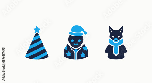 Fun icons for celebrations: a party hat, a character in pajamas with stars, and a dressed-up animal character. Festive and playful.