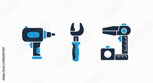 Icons for tools and measurements: a power drill, a wrench, and a measuring tool with tape. DIY, construction, and repair concepts.