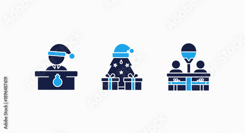 Festive icons for holiday season events: Santa at reception, decorated Christmas tree with gifts, and people at a holiday party, in a cheerful blue and dark navy.