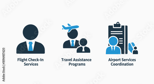 Icons for airport and travel services: flight check-in, travel assistance, and airport services coordination, with a professional blue and dark navy theme.